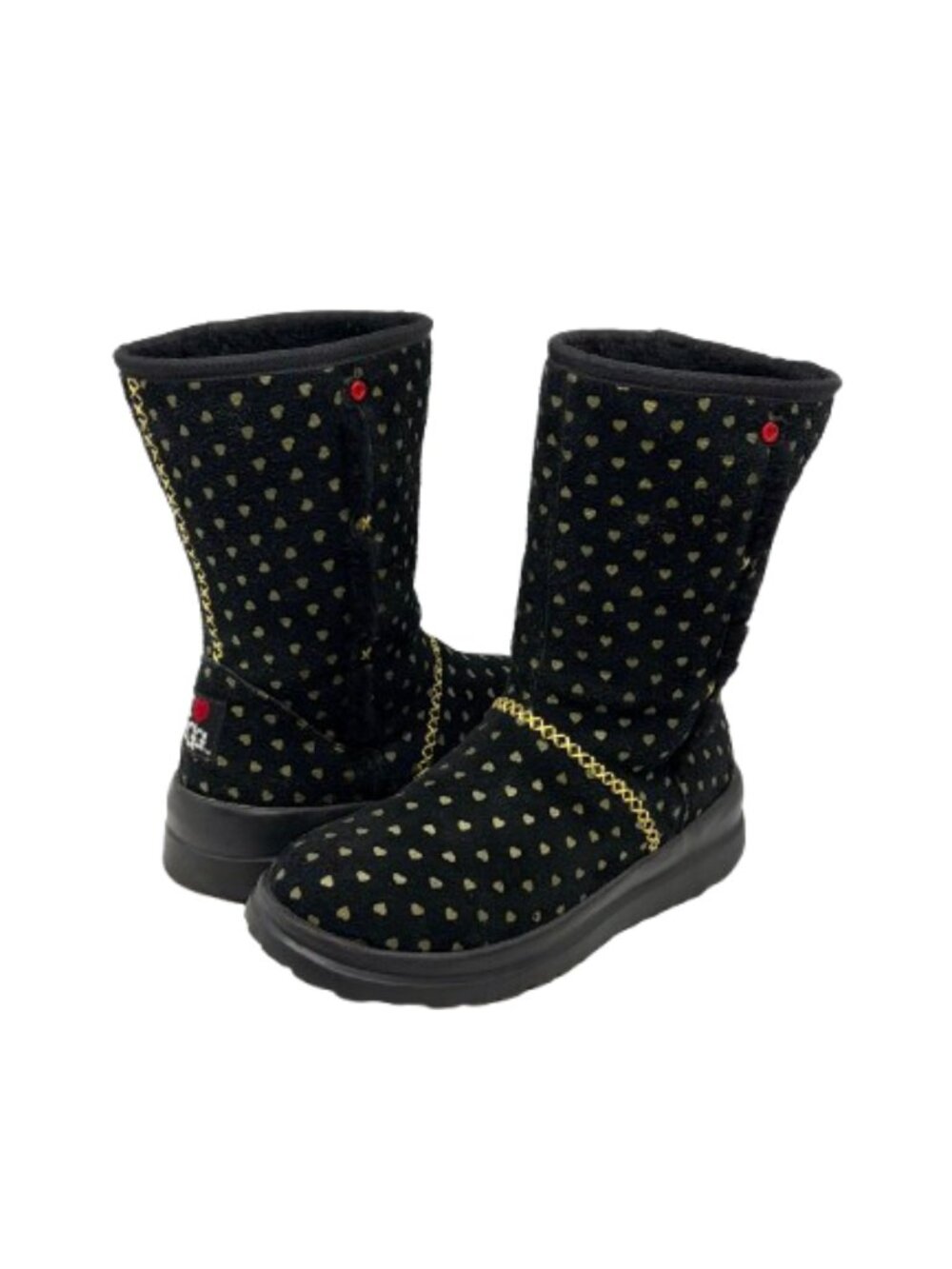 Rare I ❤️ UGG Black & Metallic Gold Hearts Shearling Mid-Calf Boots Sz 7